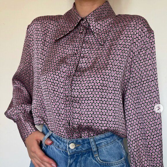 Zara Black and Pink Collared Button Up Blouse | Size Small - Picture 1 of 6